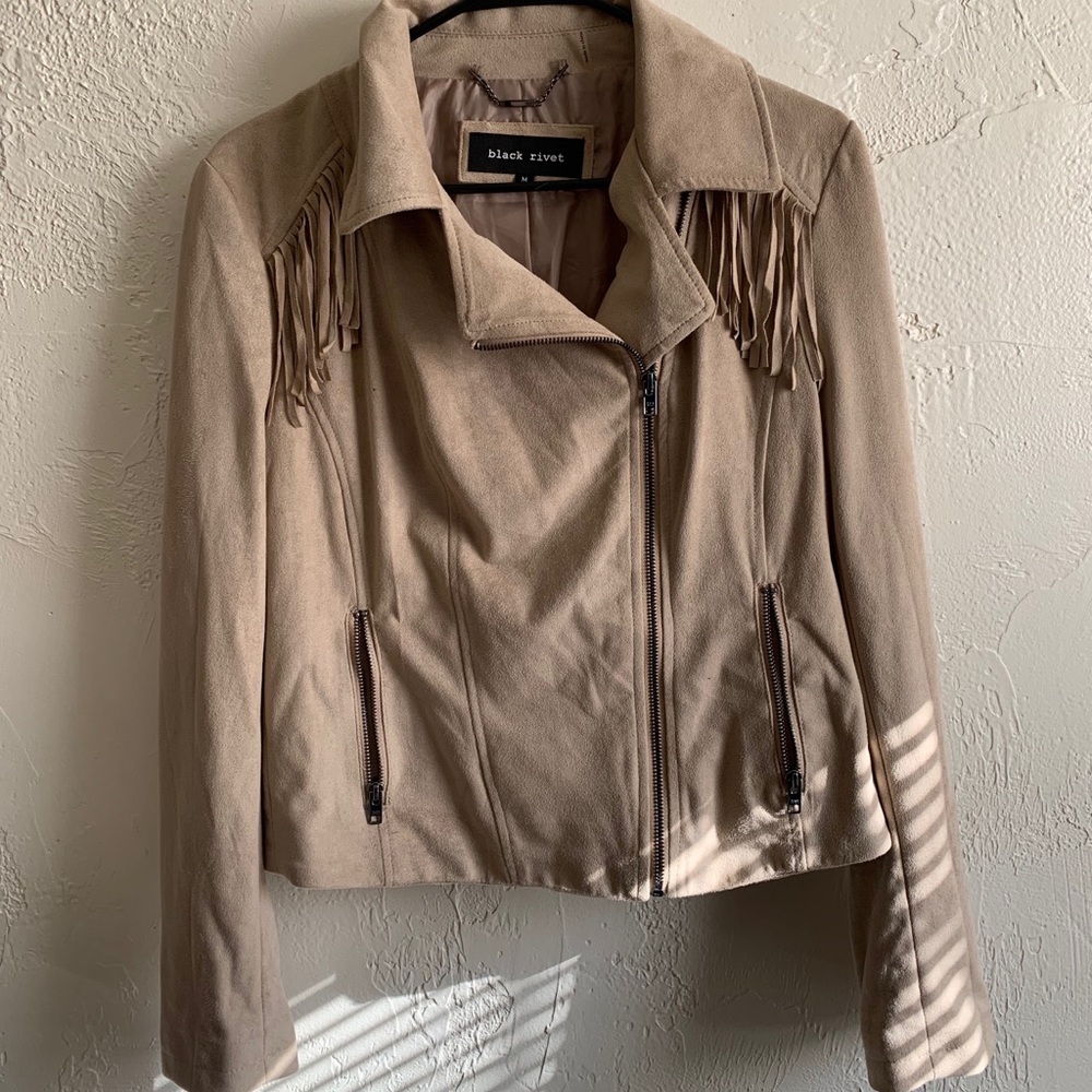 Black Rivet Wilsons Leather Fringe Moto Jacket